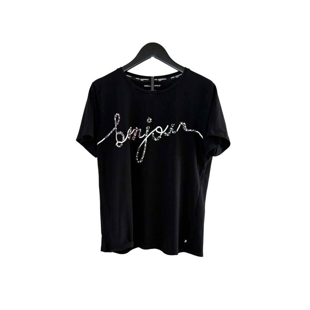 Karl Lagerfeld Paris Womens Large Black Rhinestone Beaded Script Logo T-Shirt